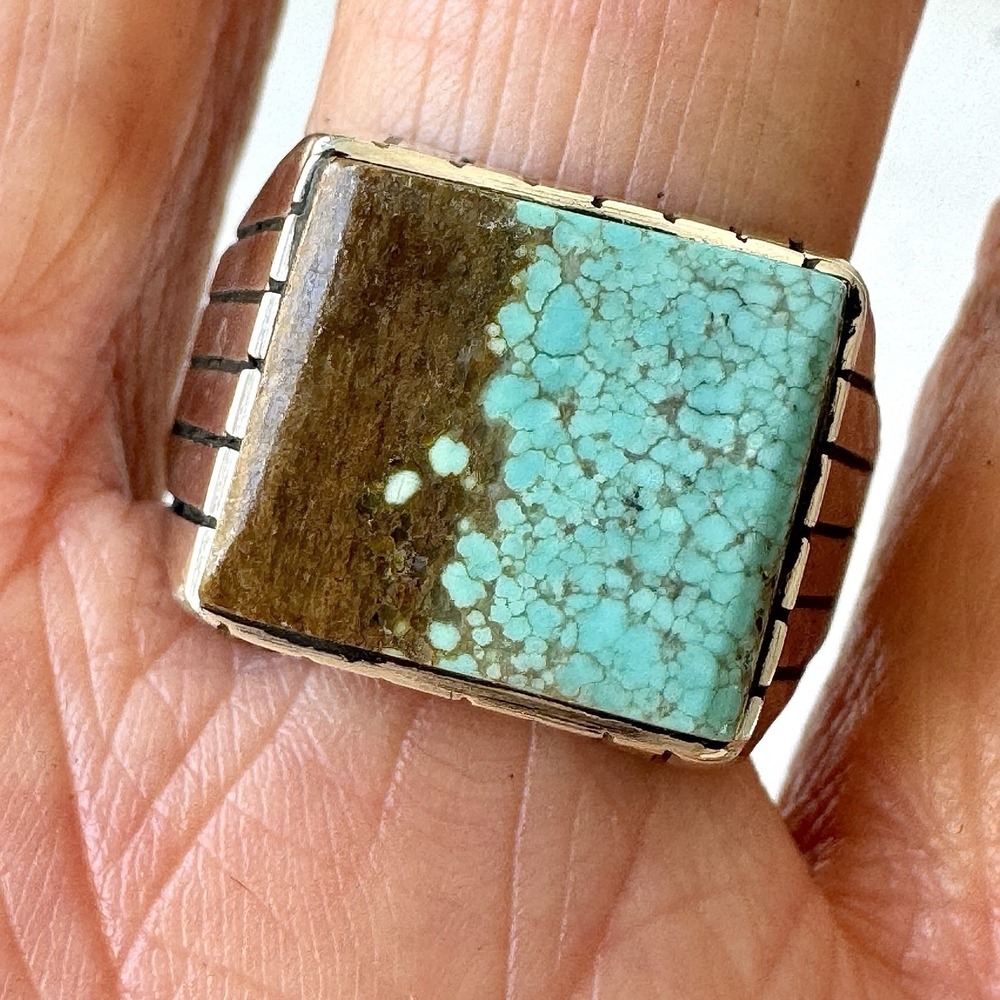 Navajo Turquoise Mens Ring Sz‎ 10 Rectangle Signed Jack Sterling 14mm